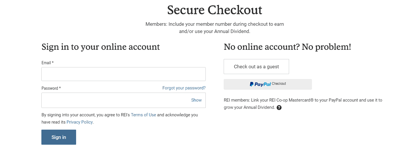 Example of Check out as Guest option for online store