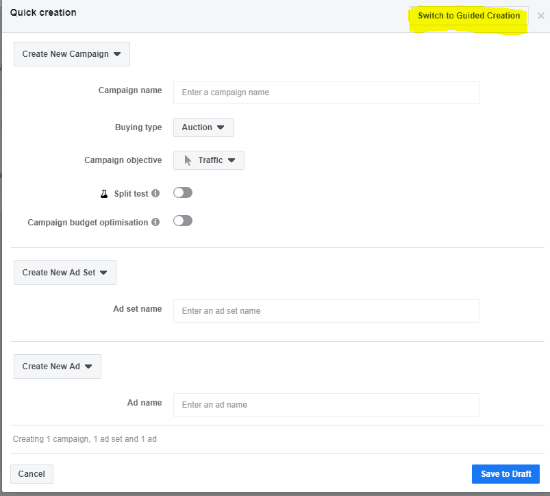Quick Creation section in Facebook Ads Manager