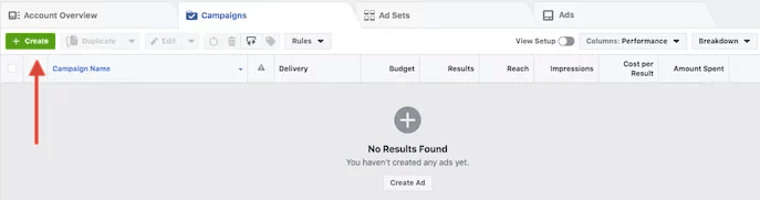 Create new campaign in Facebook Ad Manager