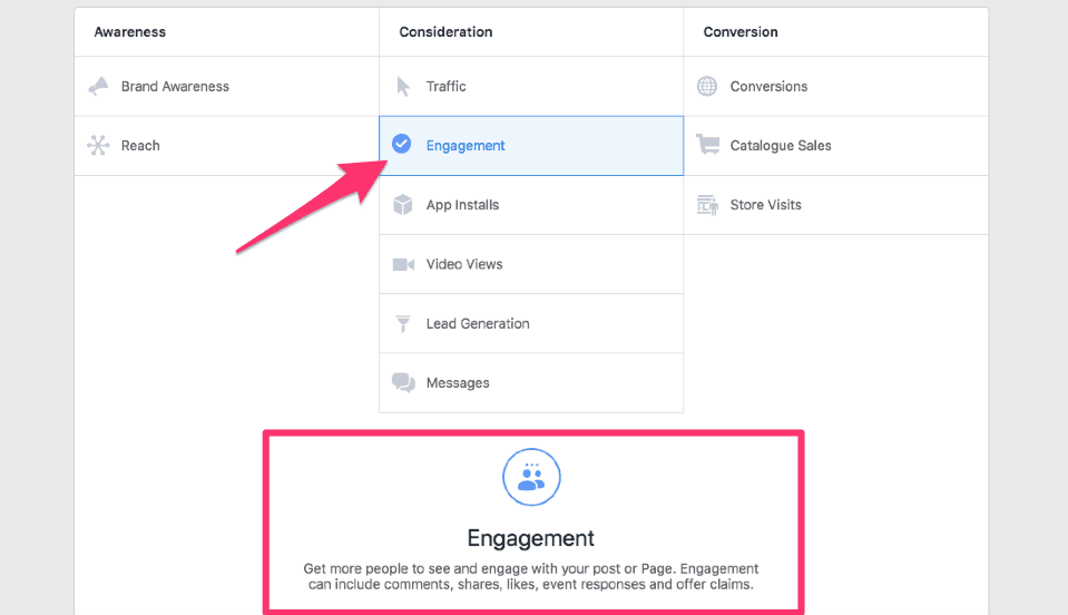 Engagement section in Facebook Ads Manager