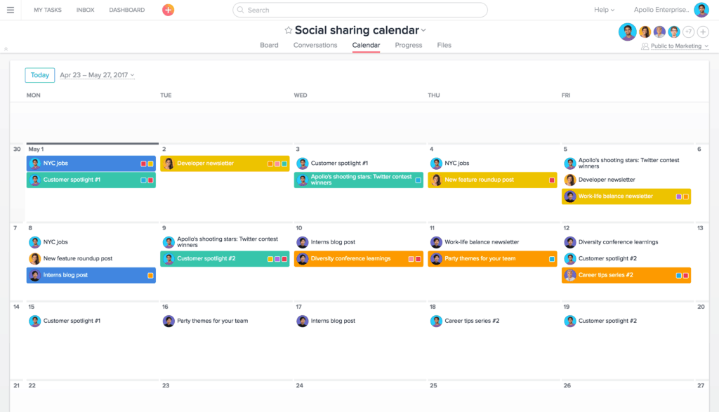 Example of Asana Social Media Content Calendar split by different colour codes