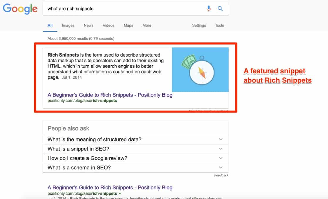Google Search Results with a featured snippet about rich snippets