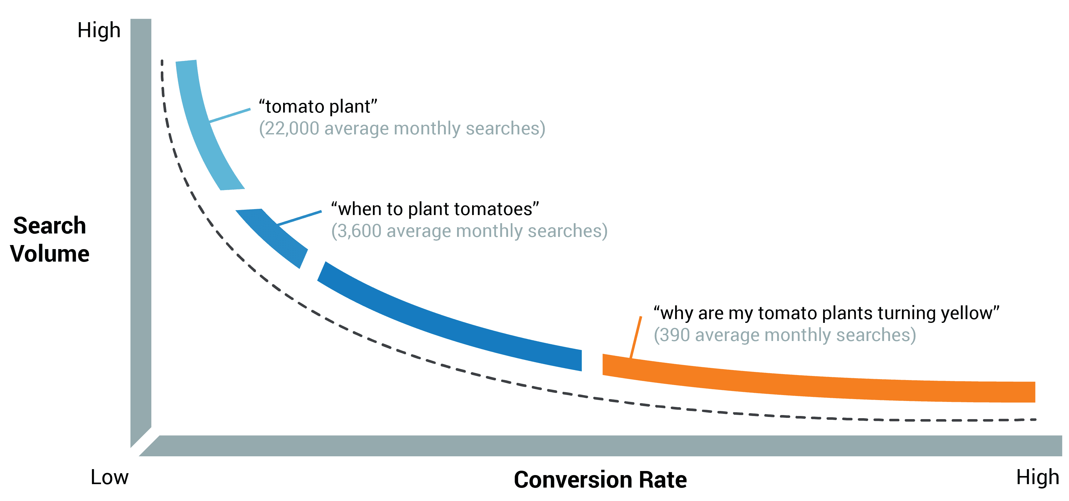 Long Tail Keywords Search Curve Showing Buyer Intent And Search Volume