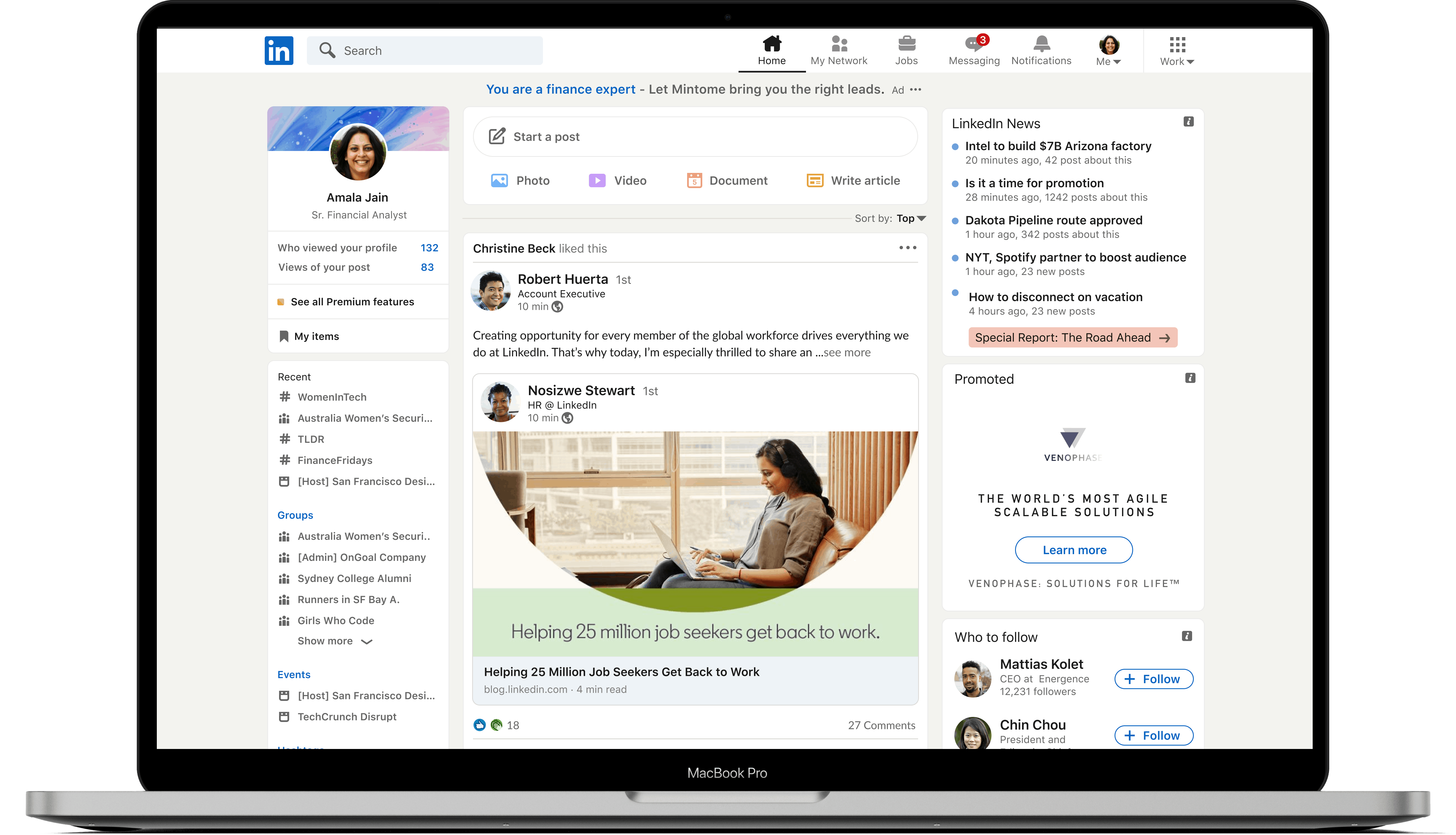 New LinkedIn user interface from September 2020 showing new UI on apple macbook