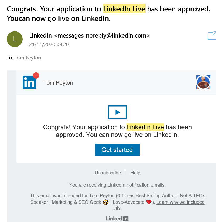 Email Of LinkedIn Live Application Accepted
