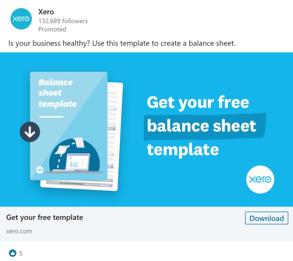 Xero LinkedIn Retargeting Ad Offering Balance Sheet Template With Blue Background