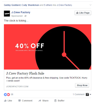 J crew scarcity based retargeting ad with click and 45% offer