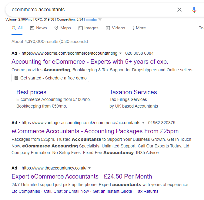 Ecommerce Accounting Paid Search Results Listings