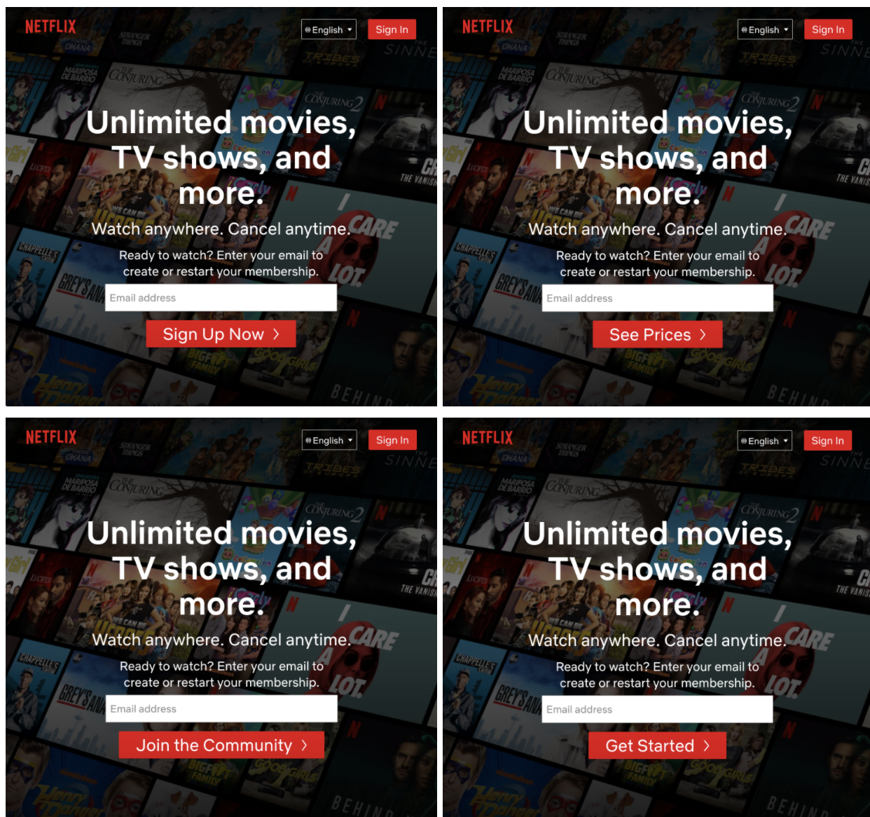 4 versions of netflix landing page with different call to action buttons